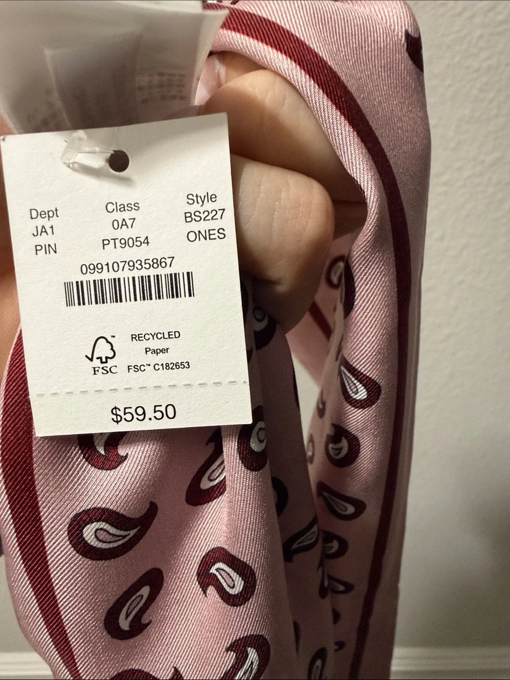 J. Crew 100% Silk Pink Paisley Scarf Head Wrap Headband NWT One Size